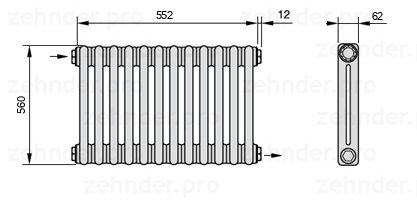 Схема (чертеж) Радиатор Zehnder Charleston 2056/12 №1670 Белый глянцевый RAL 9016